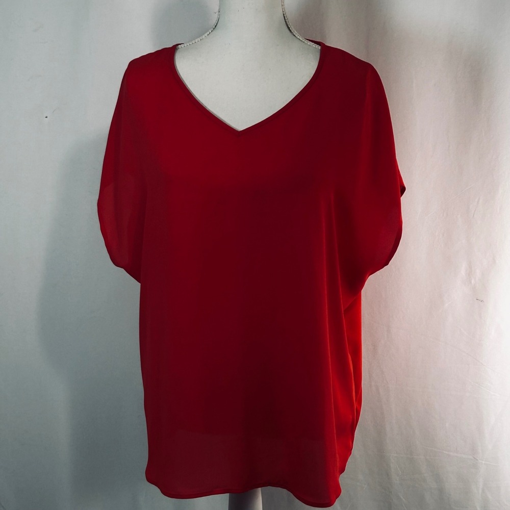 Chicos Red V-Neck Dolman Sleeve Blouse Top Size 2 Large Red Polyester Flowy